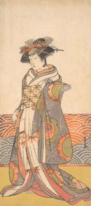 Le Troisième Segawa Kikunojo en Femme Debout dans une Pièce avec un Dado à Motif de Vague, vers 1779