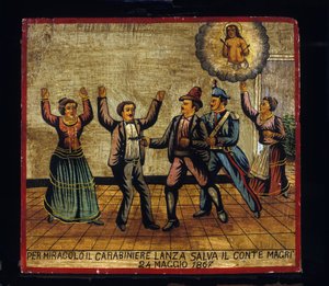 Ex-voto sicilien : « Par miracle, le carabinier Lanza sauve le comte Magri le 24/05/1867 ». Représentation d