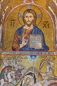 Chapelle Palatine (Basilique), abside sud ou "absidiola" de Saint Paul, mosaïques : "Christ Pantocrator" et "Nativité", XIIe siècle - Sicilian School
