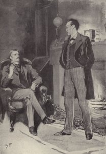 Puis il se tint près du feu : scène du mystère de Sherlock Holmes Un scandale en Bohême, par Arthur Conan Doyle - Sidney Paget