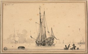 Scène de port avec des navires au repos et des pieux