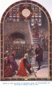 Offre de la royauté à Richard duc de Gloucester au château de Baynard, 26 juin 1483, de Cassells History of the British People publié par la Waverley Book Company Limited, vers 1940