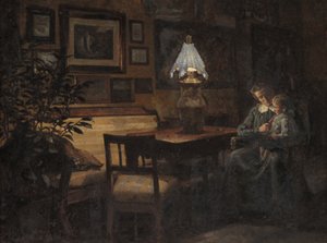 Intérieur du soir. Mère et enfant - Sigurd Wandel