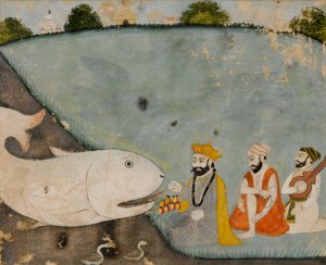 Guru Nanak avec Bala, Mardana et le grand poisson (Vishnu en Matsyavatara) - Sikh School