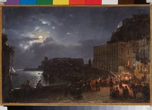 Le quai Santa Lucia à Naples, une nuit de pleine lune
