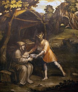 Le diable prend les livres saints et les remplace par des livres séculiers; Peinture par Simao Rodrigues (1560-1629) - Simao Rodrigues