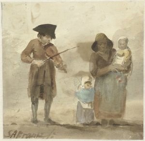 Musicien de rue avec femme et enfants