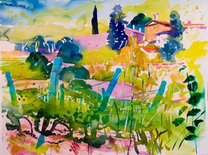 Un temple et des vignes (aquarelle sur papier)