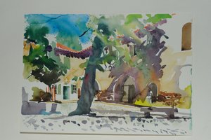 La Place, Villeneuvette, 2009 (aquarelle sur papier)