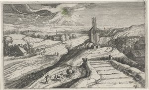 Paysage vallonné avec un moulin à vent (Verschillende landschappen) - Simon Frisius (attributed to)