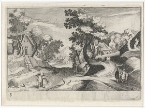 Paysage vallonné boisé avec bâtiments et figures - Simon Frisius