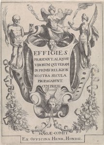 Cartouche met guirlandes en figuren - Simon Frisius