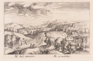 Paysage vallonné avec trois couples, tiré de Topographia Variarum Regionum - Simon Frisius
