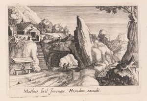 Paire de personnages marchant sous un pont rocheux, tiré de Topographia Variarum Regionum - Simon Frisius
