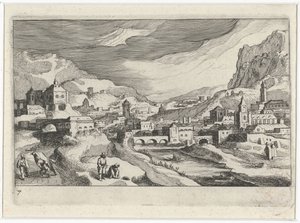 Vue de ville dans une vallée fluviale (Zuid-Europese landschappen, Topographia variarum regionum) - Simon Frisius
