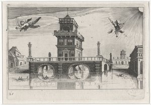 Vue de ville avec Icare et Dédale
