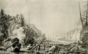 Paysage avec une rivière entre des rives montagneuses - Simon de Vlieger