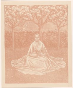 Femme en robe assise dans un champ