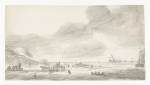 Vue de plage avec pêcheurs de coquillages et promeneurs - Simon de Vlieger (possibly)