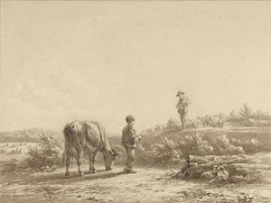 Garçon avec vache et berger - Simon van den Berg