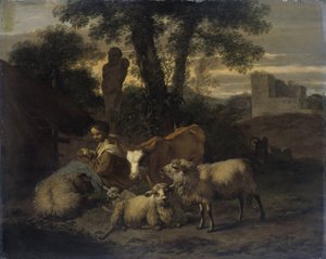 Paysage italien avec bergère et troupeaux