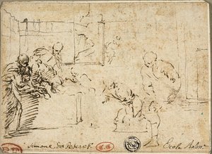 Intérieur avec un nu masculin entouré de cinq personnages - Simone Cantarini