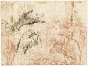 Feuille de croquis avec différentes compositions, y compris deux mains - Simone Cantarini