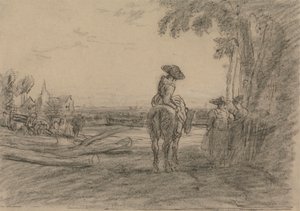 Femme à cheval avec deux femmes debout surplombant un paysage - Sir Augustus Wall Callcott