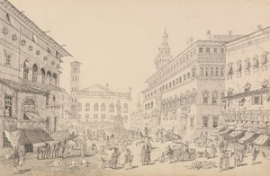Album de 30 vues au Tyrol et en Italie : Place à Bologne, Cathédrale et Palais du légat du Pape 12 novembre 1840