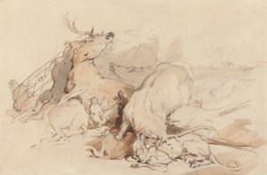 Chiens et chasseurs attaquant un cerf