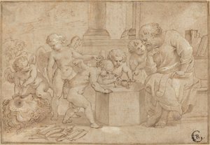 Vieil homme regardant des putti disséquer un œil - Sir Peter Paul Rubens