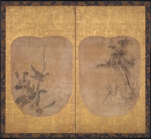 Sage taoïste sous un arbre et faucon sur une branche, milieu du 17ème siècle - Soga Nichokuan