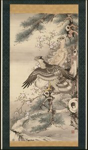 Paire de faucons avec branche et fleurs - Soga Shohaku