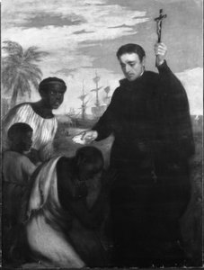 Un missionnaire jésuite, peut-être Manuel de Nobrega ou Pierre Claver, baptisant des Noirs
