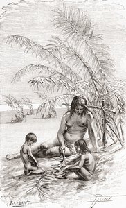 Une famille de natifs Sápara sur un banc de sable au bord de la rivière Napo, Équateur
