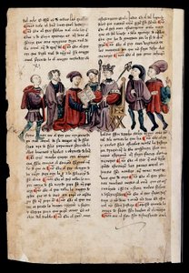 Un homme présente un livre au roi, miniature dans "Libro de los Castigos o Documentos para Bien Vivir" - Spanish School