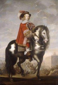 Portrait équestre du cardinal-infant Ferdinand de Bourbon, gouverneur des Pays-Bas espagnols, en pied, en manteau rouge et chapeau à plumes, une bataille au-delà