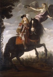 Portrait équestre du roi Charles II, en pied, en manteau rouge avec garniture blanche, couronné de laurier par un ange, Madrid au loin - Spanish School