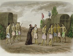 Un esclave indigène de la tribu Tupinamba est baptisé par un prêtre jésuite, près de Bahia en 1550 - Spanish School