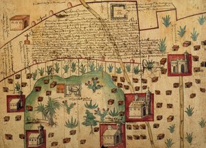 Carte des terres dans les régions de Tultepec et Jaltocan adjacentes à la Hacienda de Santa Ines, Mexique, publiée en 1569