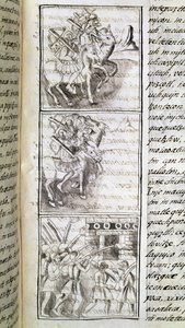 Codex de la conquête du Mexique : les Espagnols prêts à attaquer la ville de Tenochtitlan. Miniature du manuscrit florentin 