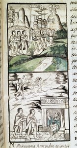 Codex de la conquête du Mexique : les émissaires de Montezuma, ou Moctezuma II empereur aztèque rencontrant les Espagnols