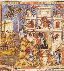 Fol.30r Le Débarquement des Grecs, le Siège du Château de Ténédos et la Mort des Défenseurs, du Codex Benito Santa Mora