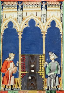 Fol.85v Deux joueurs de backgammon, du Livre des Jeux, Échecs, Dés et Plateaux, 1282