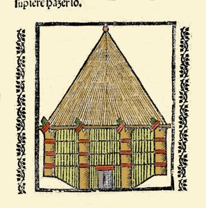 Habitat : description de la cabane des indigènes Caraïbes. Gravure du livre « Historia general de las Indias, islas y tierra firme del mar océano » par Gonzalo Fernandez de Oviedo (Gonzalo) ou Fernandez de, ou Hernandez de Oviedo y Valdes (1478-1557).