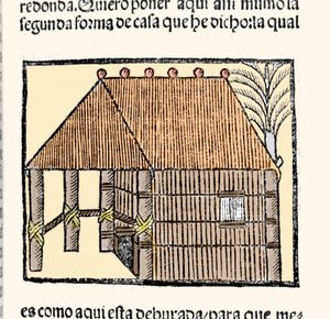 Habitat : description de la hutte des Indios. Gravure du livre « Historia general de las Indias, islas y tierra firme del mar océano » par Gonzalo Fernandez de Oviedo ou Hernandez de Oviedo y Valdes (1478-1557).