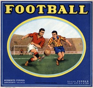 Image de deux footballeurs espagnols. Affiche publicitaire, Valence