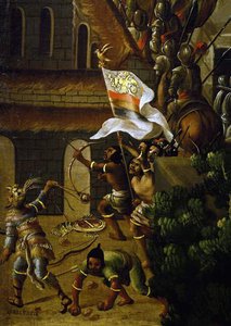 Les indigènes combattent les Espagnols avec des arcs et des flèches - Spanish School