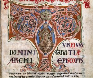 Initiale T avec une représentation de Charlemagne, illustration du Codex Calixtinus