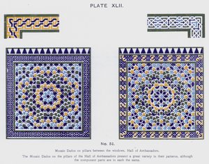 Mosaïque Dados sur les piliers entre les fenêtres, Salle des Ambassadeurs - Spanish School